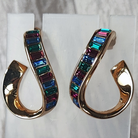 Swarovski Signed Baguette Multi Color Rhinestone Curled Gold Tone Hoop Earrings - Picture 2 of 12